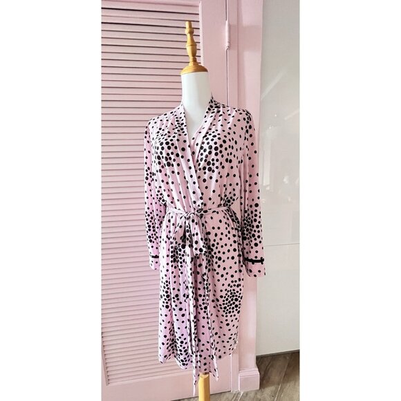STUDIO Size XL Pink Polka Dotted Robe Stretchy Comfy Attached Belt Satin Trim - Picture 2 of 11